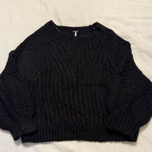 Free People Black Ribbed Crewneck Sweater